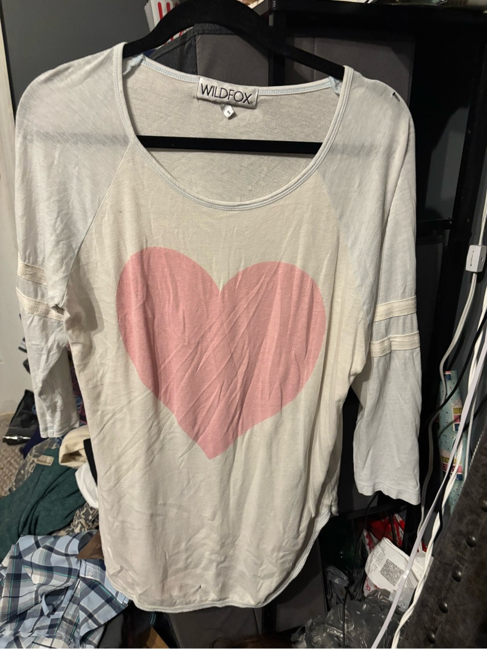 Wildfox Cream Long Sleeve Top with Pink Heart Graphic